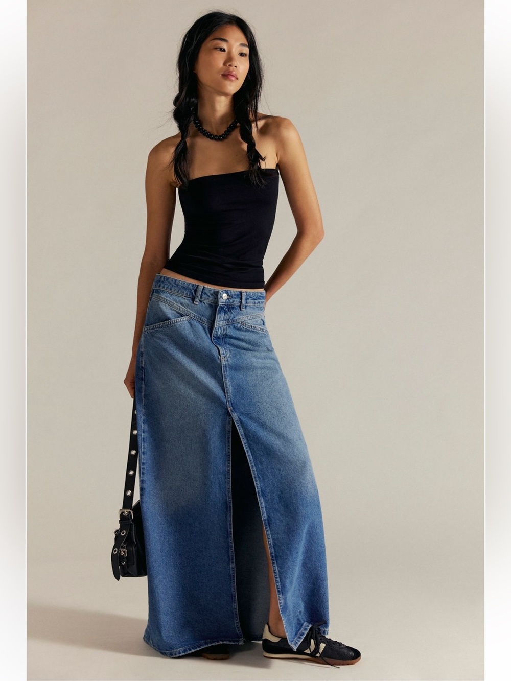 FREE PEOPLE size 10 Long Blue Denim Jean Maxi Skirt come as you are maxi